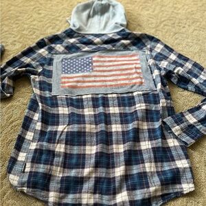 UNIONBAY Blue & Gray Button Down Soft Flannel Shirt with Hoodie